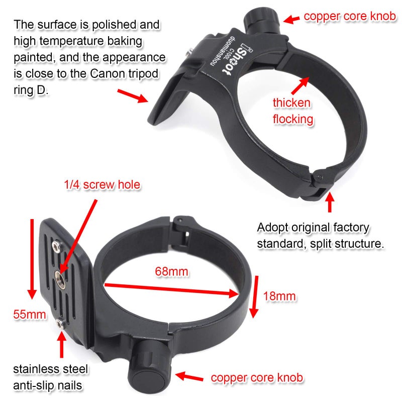 iShoot CNC Machined Diameter 68mm Tripod Mount Ring Lens Collar for Canon EF 100mm f/2.8L Macro IS USM Lens, Built-in 55mm Quick Release Plate Compatible with Tripod Ball Head of Arca-Swiss SUNWAYFOTO - Image 3